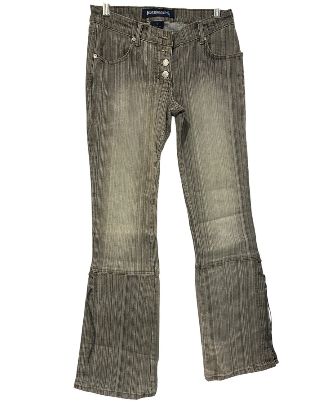 Y2K Blue Asphalt Pinstripe Flare Rave Jeans Low Rise Lace Up Split Hem Gray SZ 5